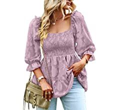 ANRABESS Women’s Square Neck Smocked Babydoll Tops Long Puff Sleeve Lace Blouse Floral Textured... | Amazon (US)