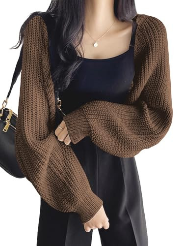COZYEASE Women's Cropped Cardigan Sweaters Long Sleeve Open Front Knit Bolero Shrug Sweater Fall Outfits Coffee Brown L | Amazon (US)