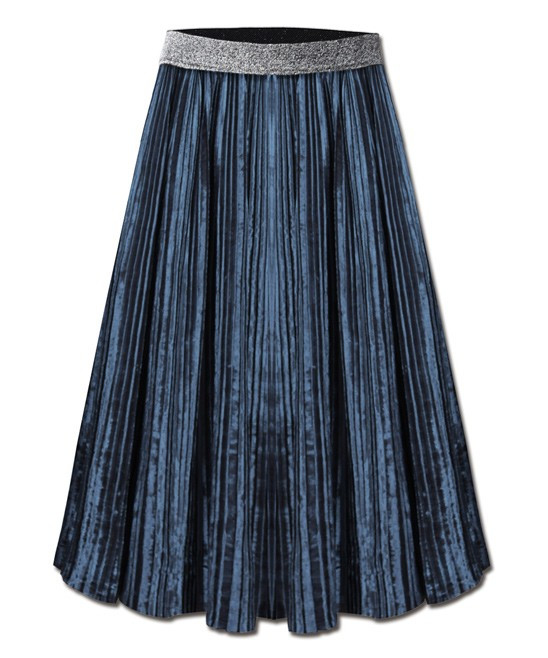 Blue Waistband Velvet Pleated Skirt - Women | Zulily