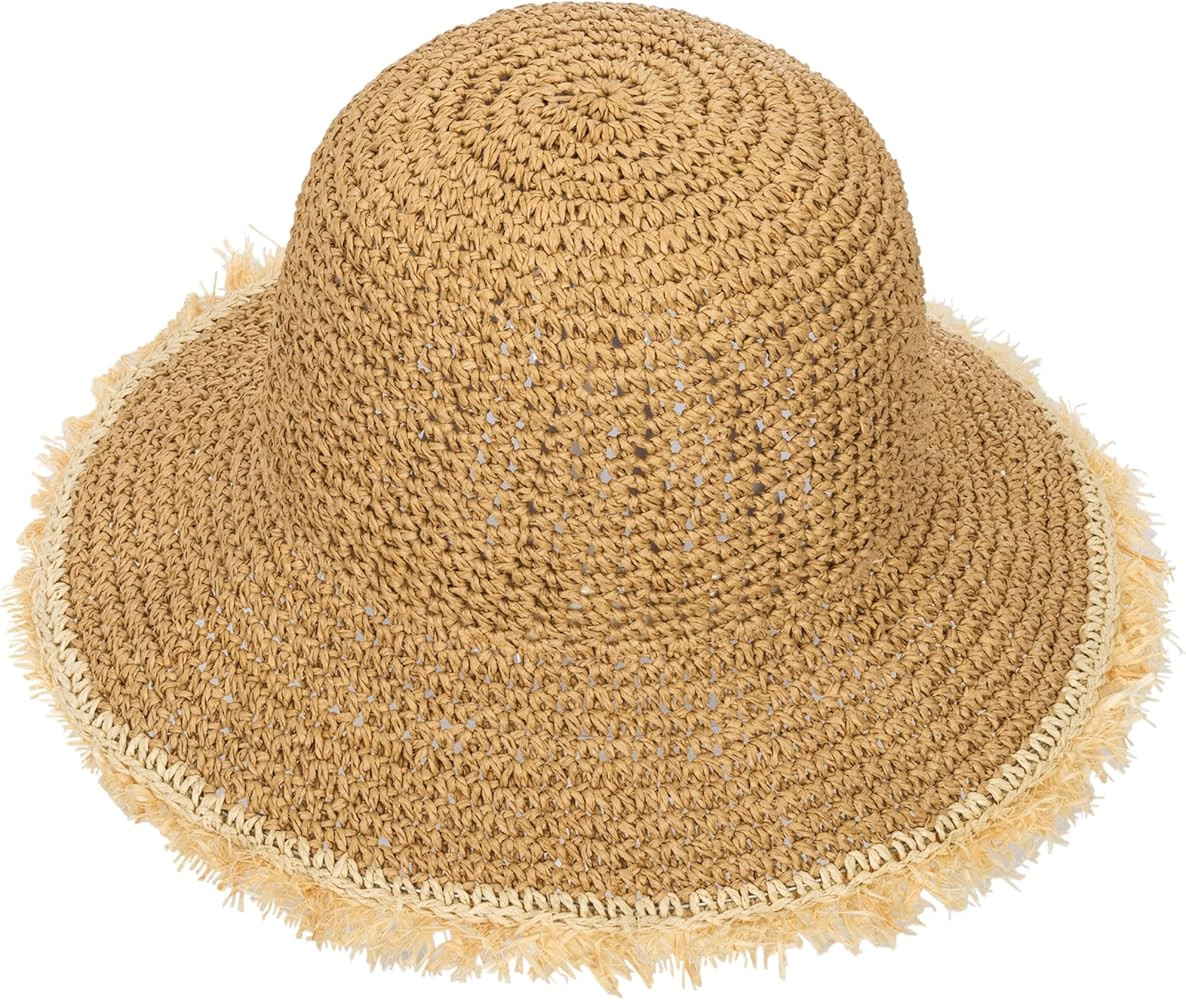 Summer Frayed Crochet Straw Sun Hats for WomensWide Brim Summer Beach Hats Foldable Floppy Fedora... | Amazon (US)