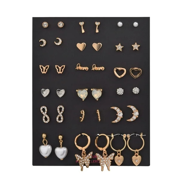 No Boundaries Women's Gold Tone 18-Heart Moon and Stars Multi Earring Set | Walmart (US)