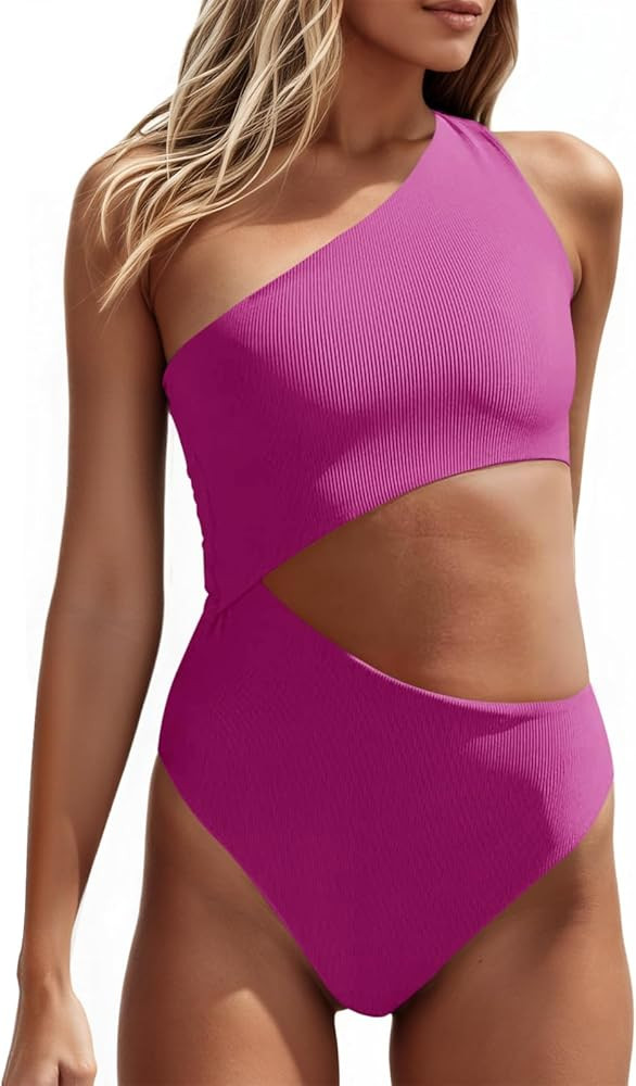 Women's One Piece Ribbed Swimsuit One Shoulder Cutout Swimwear Sexy Bathing Suit | Amazon (US)