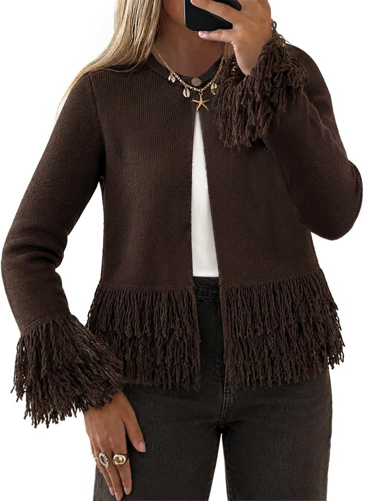 Yousify Fringe Tops for Women Crew Neck Button Down Crochet Cardigan | Amazon (US)