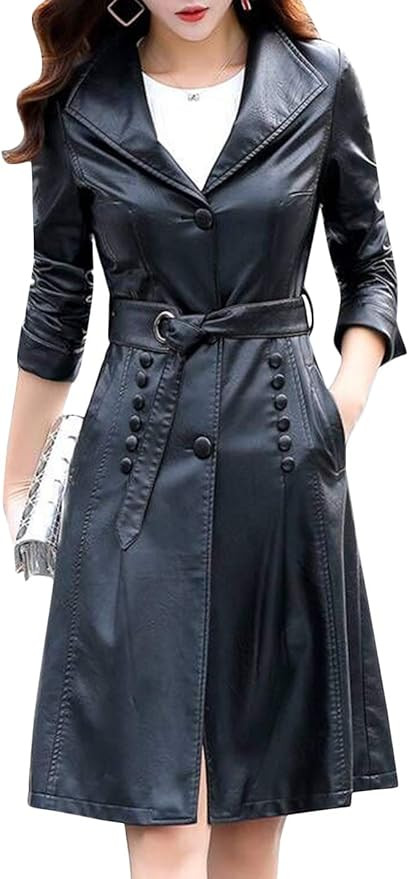 Tanming Womens Autumn Fashion Lapel Button Front Long Leather Jacket Trench Coat | Amazon (US)