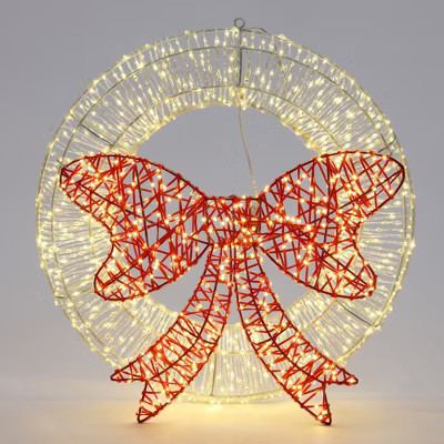 LuxenHome 1.6Ft Round Light Wreath and Red Light Bow Holiday Decoration with Timer Clear, Red | Target