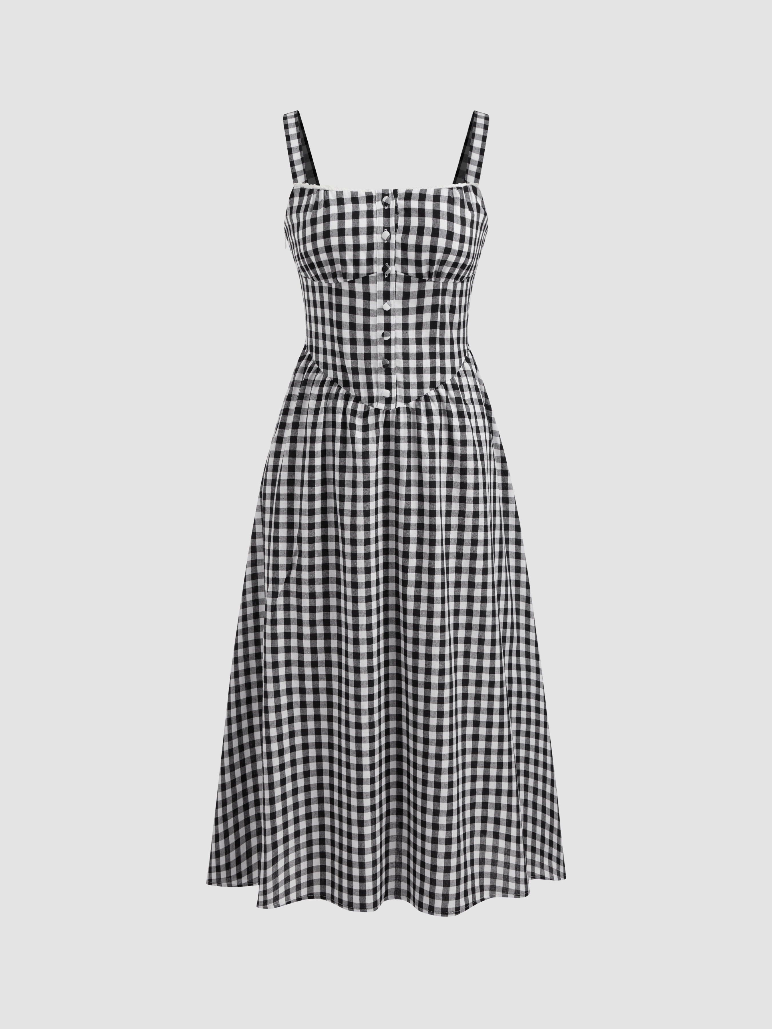 Woven Cotton Cotton-blend Square Neck Gingham Maxi Dress For Daily Casual | Cider