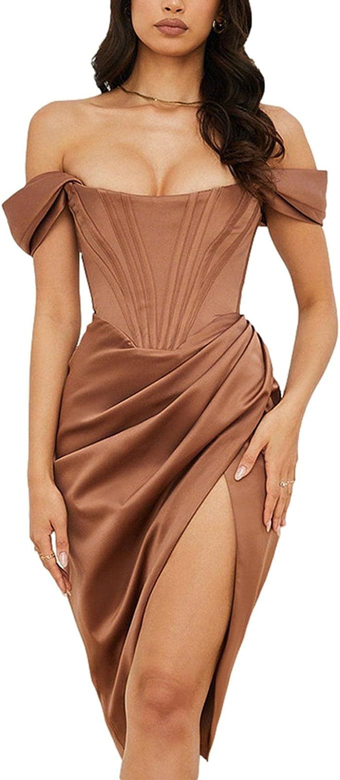 KMBANGI Off Shoulder Elegant Dress for Women High Waist Slit Midi Dress Push Up Corset Satin Dres... | Amazon (US)