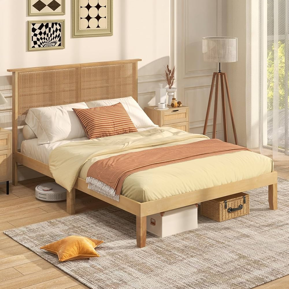 Giantex Rattan Full Bed Frame with Rattan Headboard, Boho Solid Wood Platform Bed with Wooden Sla... | Amazon (US)