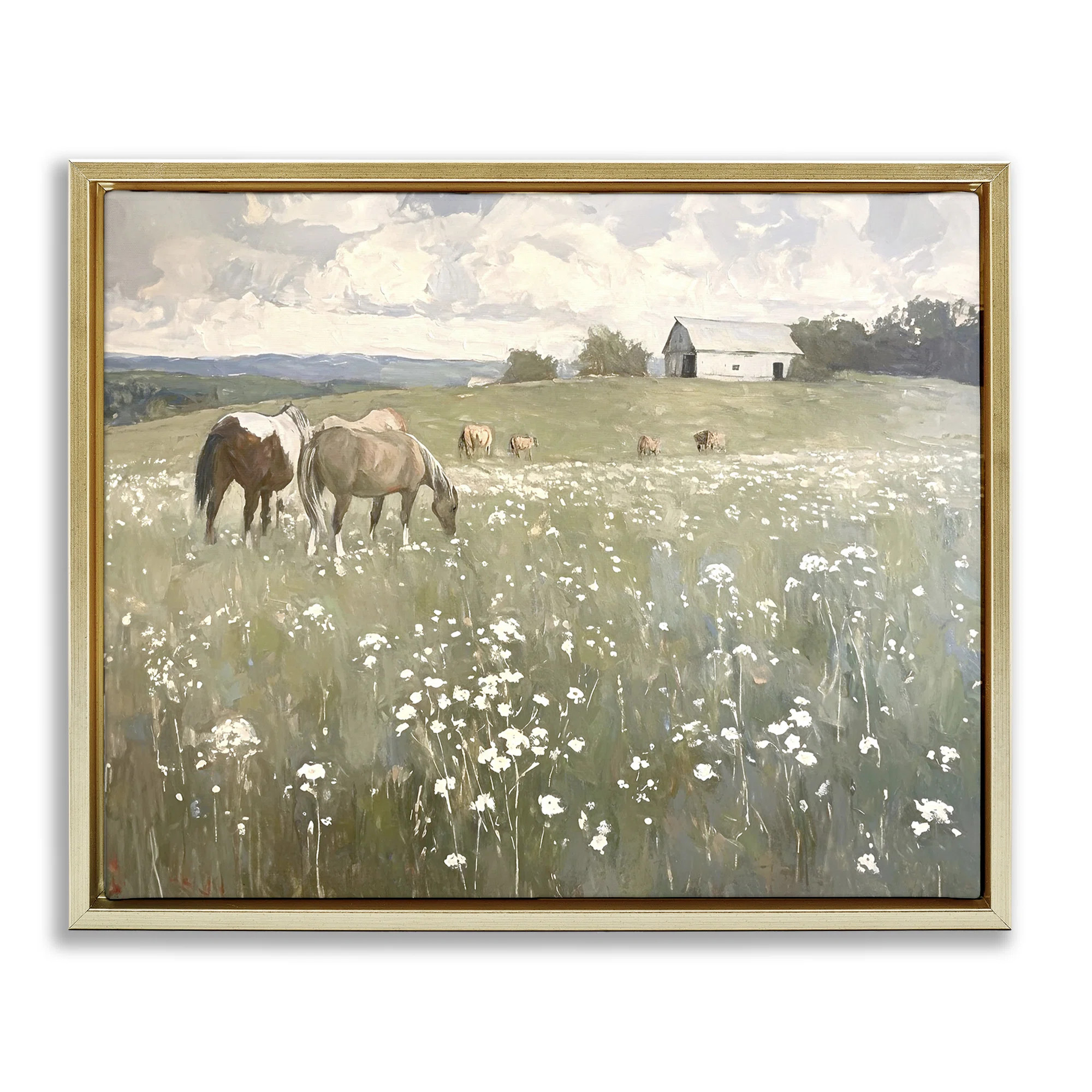 Horses in Pasture Gold Framed Floater Canvas Wall Art by Ramona Murdock | Wayfair North America