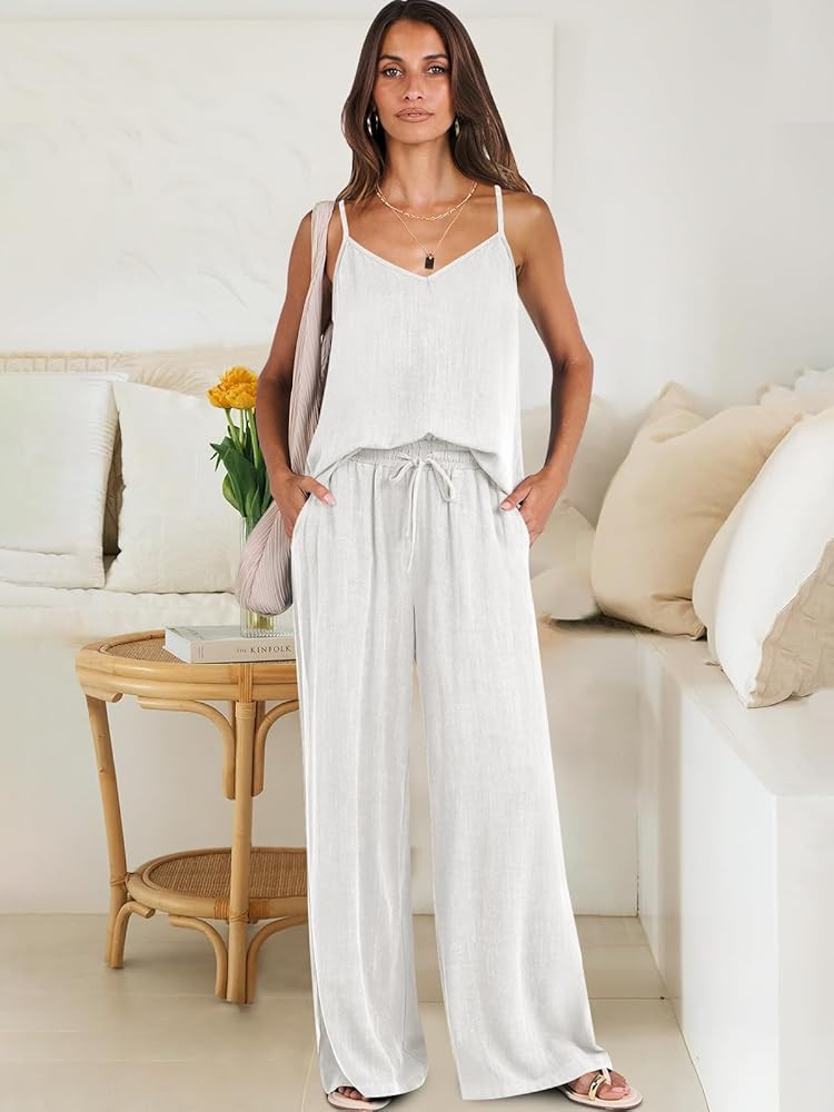 ANRABESS Women's 2 Piece Linen Lounge Set Casual Matching Pants Jumpsuit Summer Beach Travel Vaca... | Amazon (US)