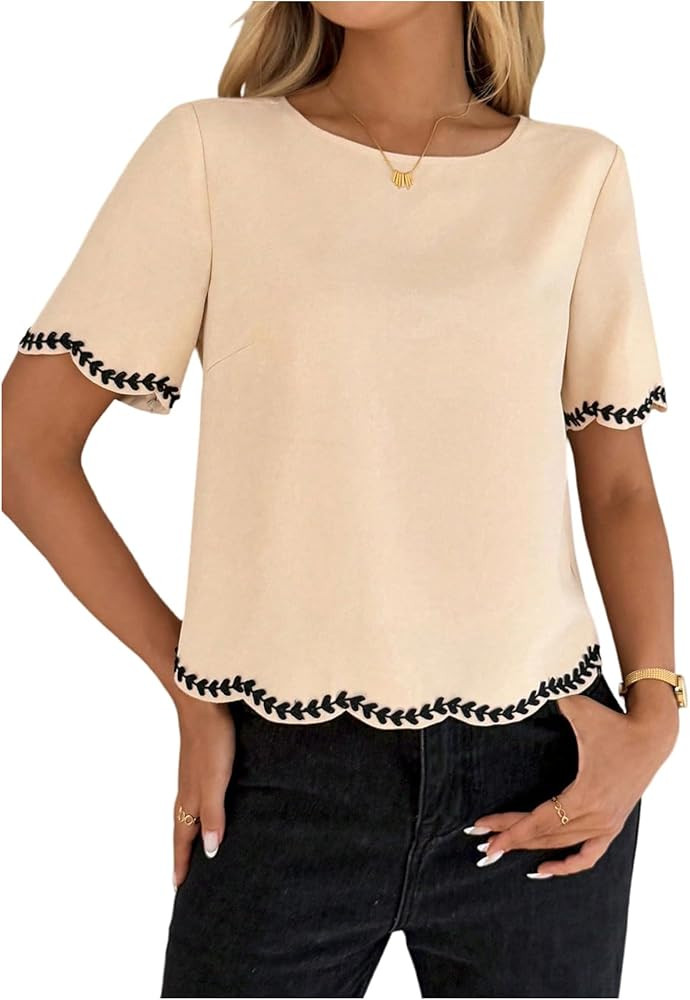 WDIRARA Women's Scallop Trim Blouse Embroidered Short Sleeve Tops | Amazon (US)