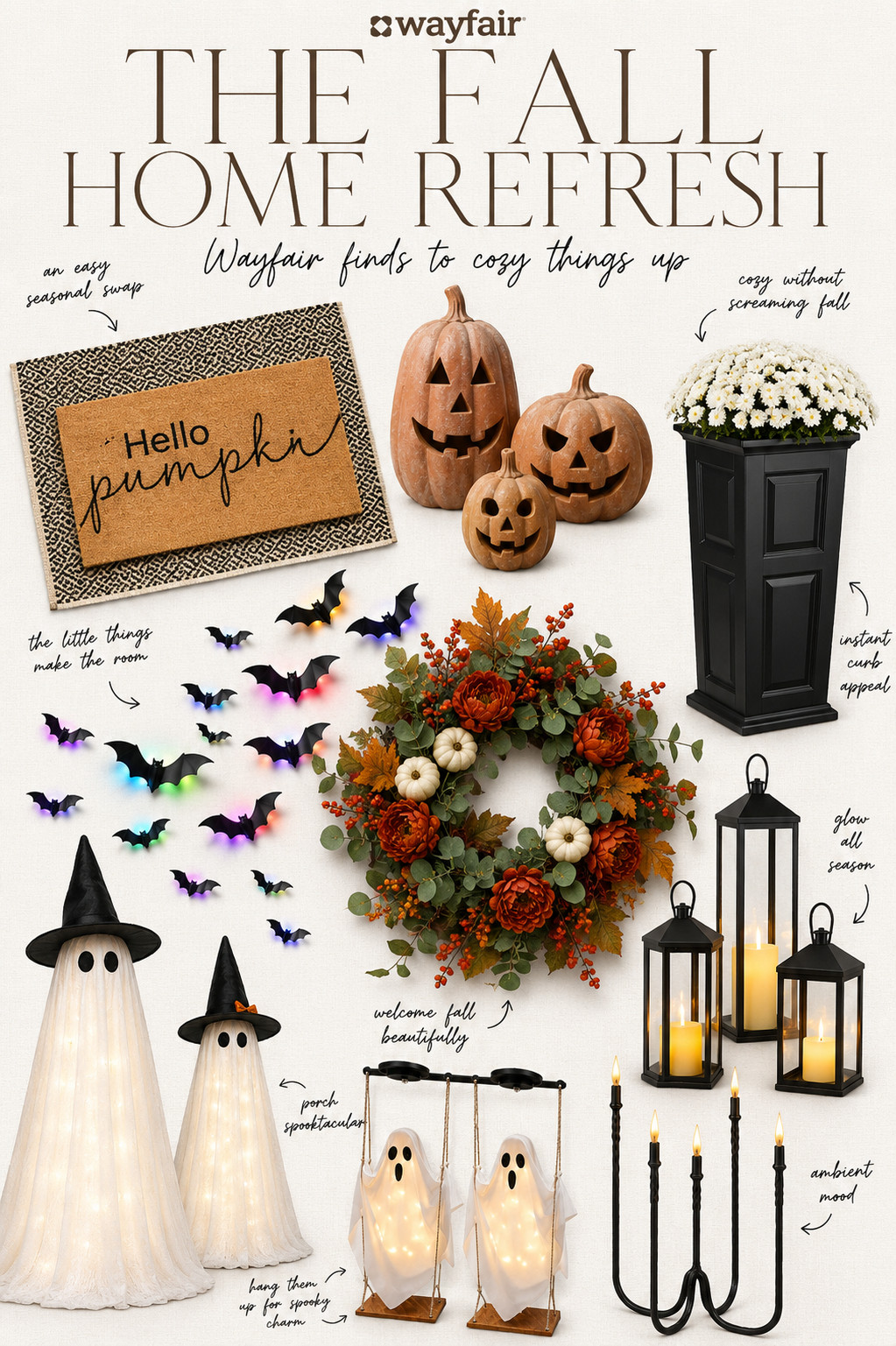 #ad Fall decorating, but make it easy. I found everything I needed at @Wayfair to give the house a seasonal refresh, from layered porch rugs and mums to lanterns, pumpkins and a few spooky extras. Proof you don’t have to redo the whole house to make it feel like fall. #wayfairpartner #wayfair  

 #LTKSeasonal #LTKHome #LTKSaleAlert