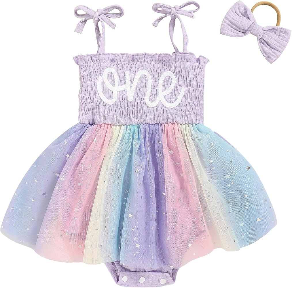 TITKKOP Baby Girl 1st Birthday Clothes One Year Old Tulle Romper Sleeveless Bodysuit Cake Smash O... | Amazon (US)