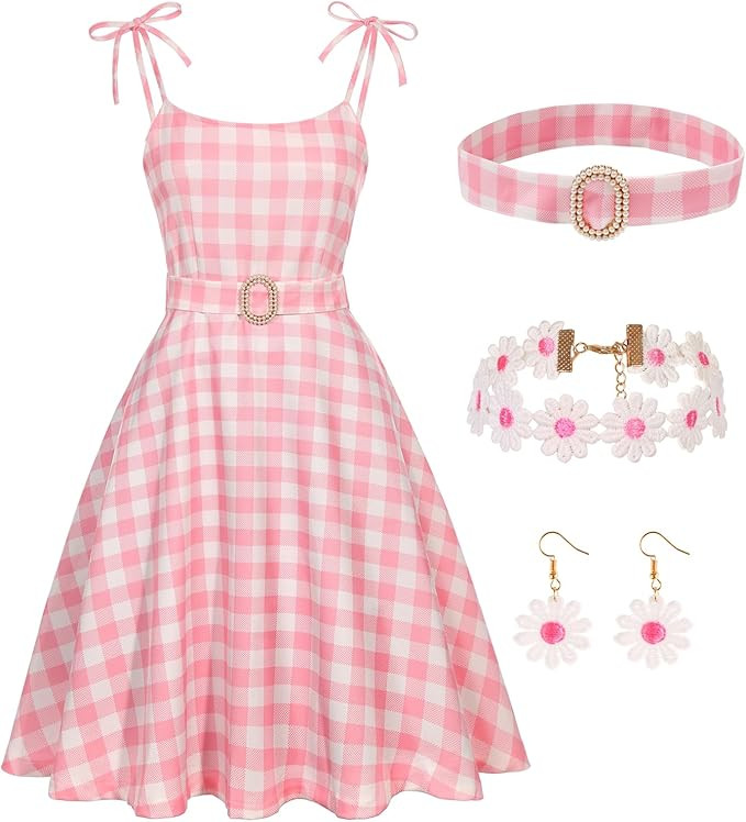 RKKVQP Movie Cosplay Doll Princess Halloween Costume Adult Cosplay Women Outfit Pink Plaid Dress ... | Amazon (US)