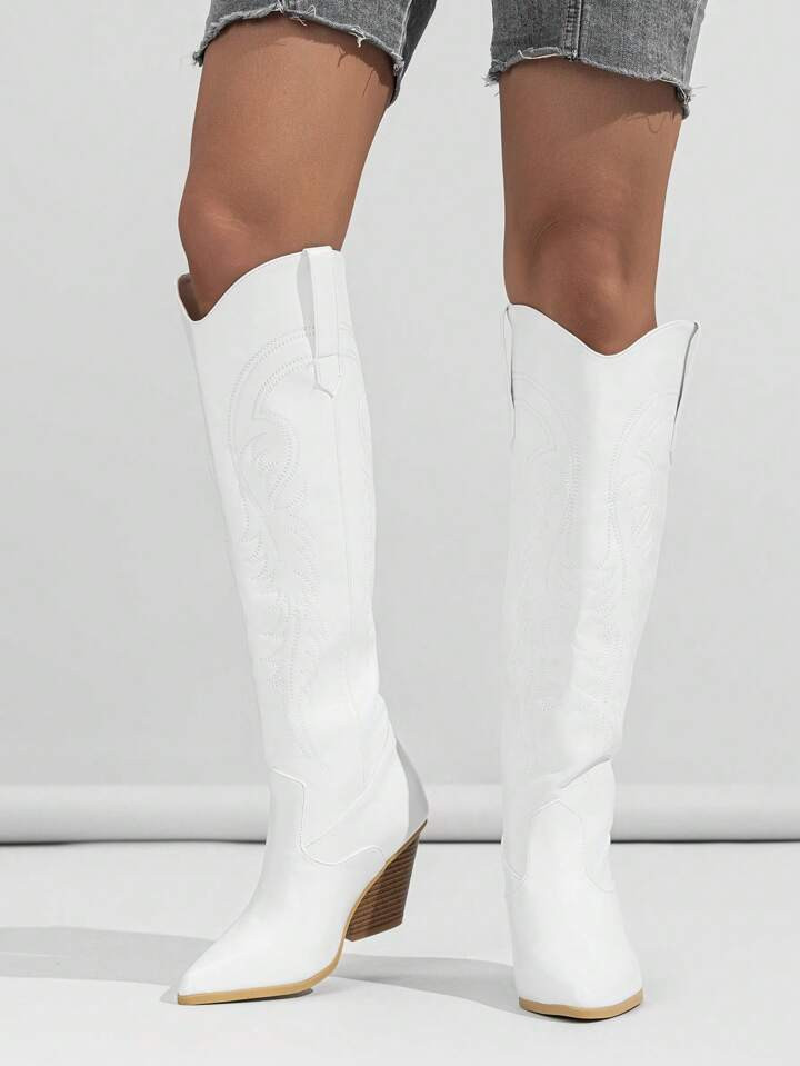 Women Minimalist Slip On Western Boots, Chunky Heeled Fashion Boots | SHEIN