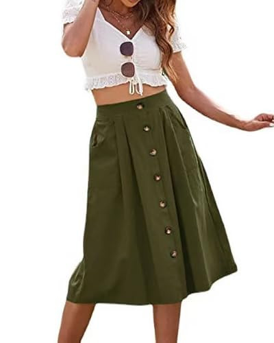 ZOYEESHINE Womens Elegant Vintage Midi Skirt with Pockets High Elastic Waist A Line Pleated Midi Skirts(X-Large,Green) | Amazon (US)