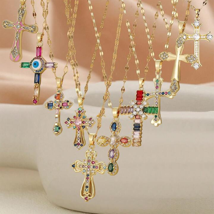 One Copper Alloy Cross Pendant With Micro Inlaid Colorful Cubic Zirconia, Personalized Lip Chain ... | SHEIN