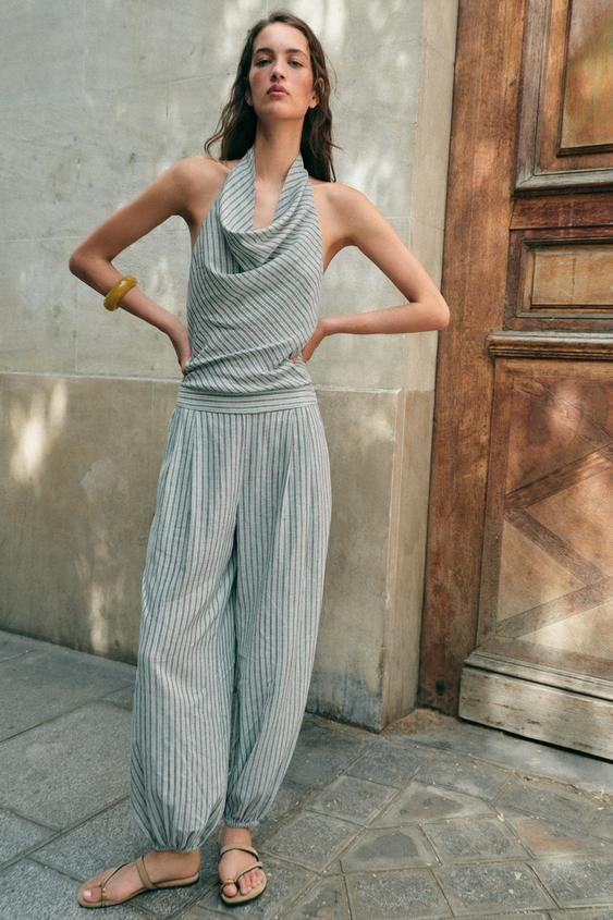 Zara - Striped Linen Blend Sarouel Jumpsuit - Brown-Blue - Xs - Woman | Zara UK