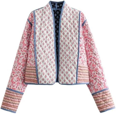 Wyeysyt Women's Cropped Puffer Quilted Jacket Cardigan Floral Printed Lightweight Long Sleeve Ope... | Amazon (US)
