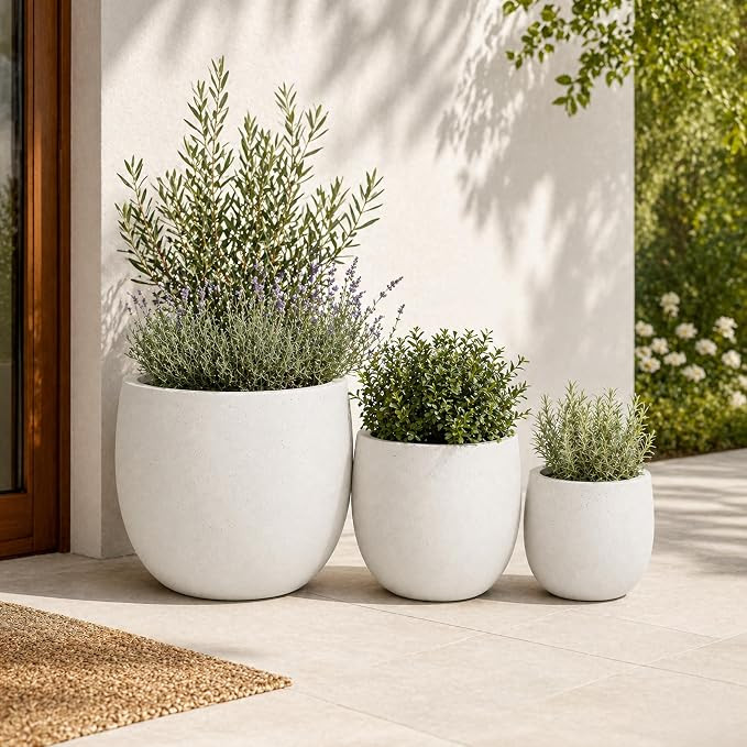 Set of 3 Round Polystone Indoor/Outdoor Planters, White | Amazon (US)