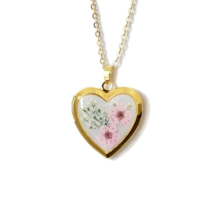 Handmade Heart Shaped Dried Pressed Forget Me Not Flower Photo Locket Pendant Necklace (Gold, Pin... | Amazon (US)