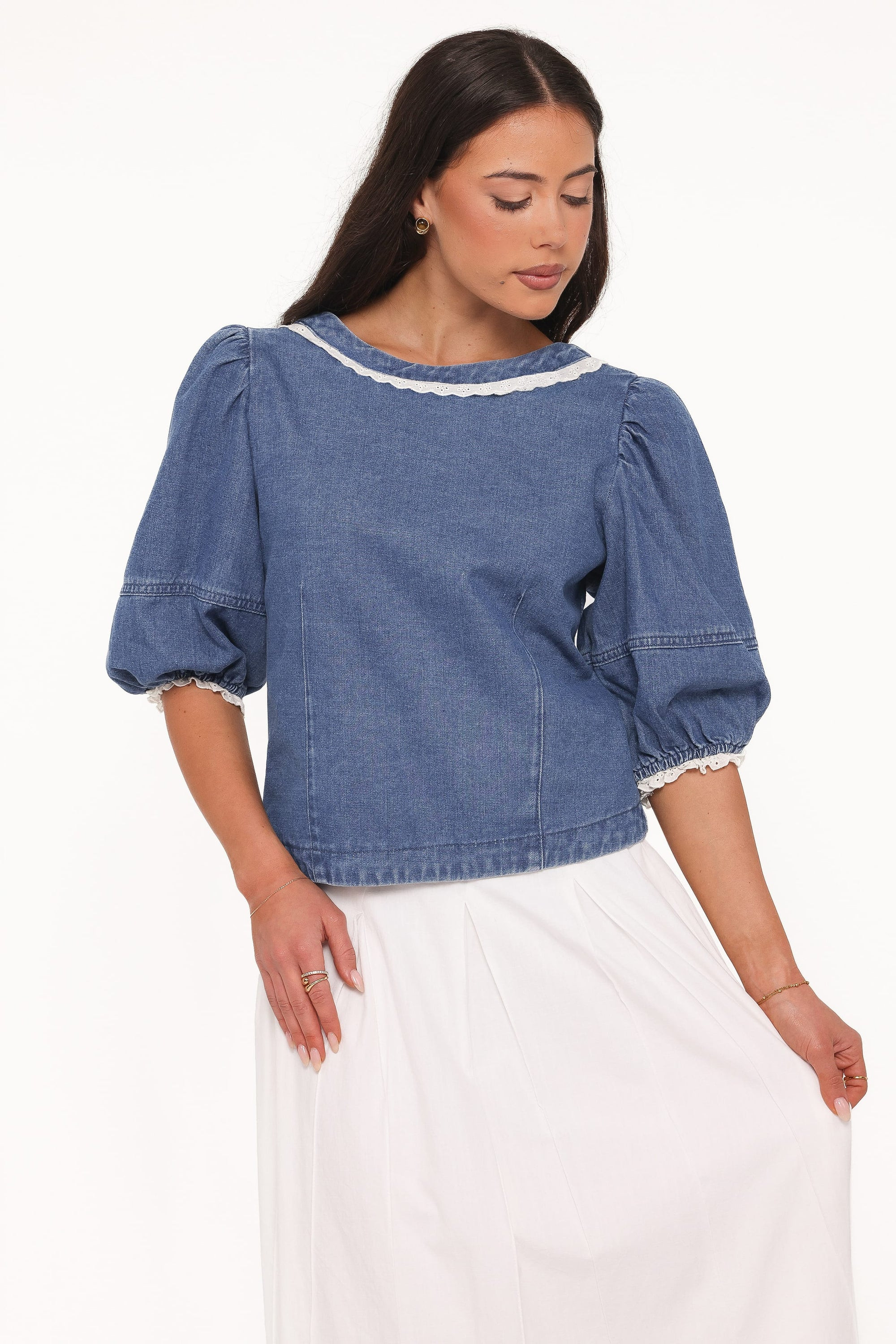 Merli Denim Open Back Top - Blue Medium Wash | Petal & Pup (US)