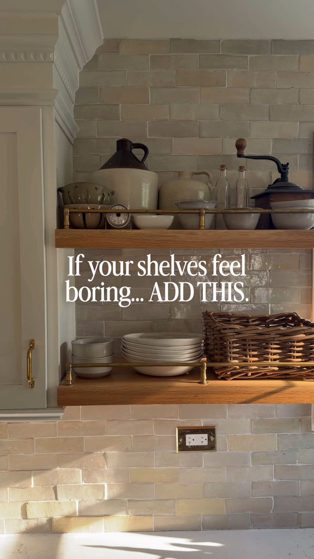 The easiest way to make open shelves feel more collected? Add this unlacquered brass shelf rail. Super easy to install and assemble and you can customize it to any shelf size. 

It adds warmth, patina, and that custom look that makes everyday dishes and baskets feel intentionally styled. I love how this simple update gave my kitchen shelves so much more character.

Save this idea for later if you’re styling open shelves in your kitchen.

#LTKHome