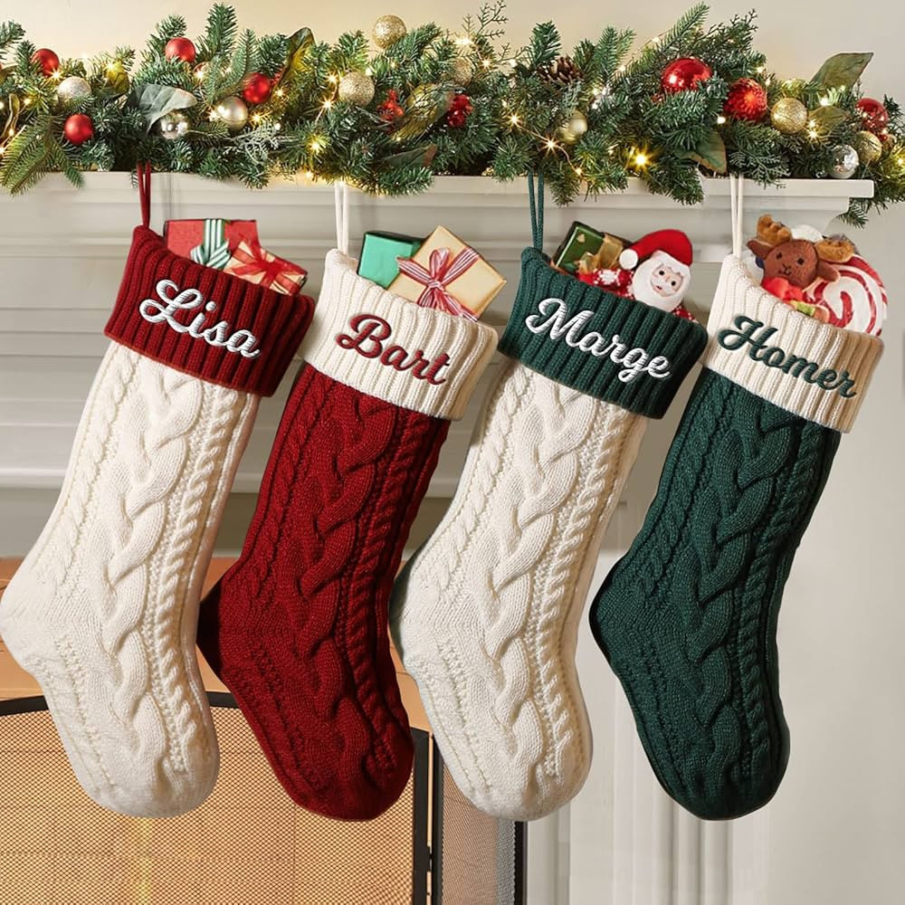 SearchI Personalized Christmas Stockings, 18" Large Custom Name Family Christmas Stocking Customized Knit Embroidery Christmas Stockings with Names Xmas Initial Fireplace Hanging Stockings | Amazon (US)