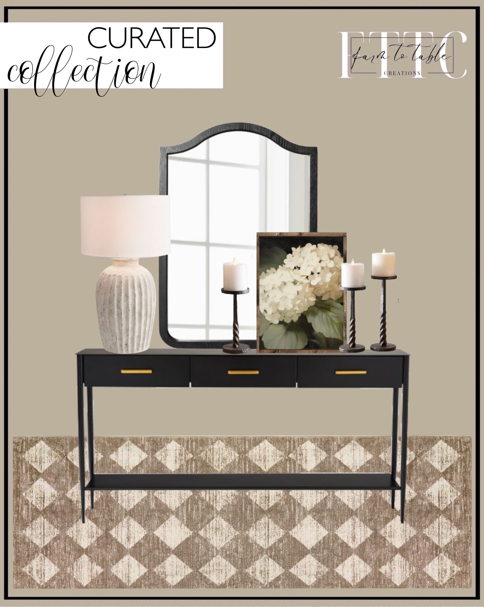 Curated Collection. Follow @farmtotablecreations on Instagram for more inspiration.

‼️Use code FARMTOTABLE for 15% off artwork  

Anders Tall Terra Cotta Table Lamp. West Elm Metalwork Console. 20" x 30" Shield Wall FSC Ash Wood Mirror Black - Threshold designed with Studio McGee. White Hydrangea Canvas Printed Sign. Easton Forged-Iron Pillar Candleholder. Lahome Moroccan Treills Runner Rug - 2x6 Beige Washable Rug. Console Table Styling. Entryway Decor. Affordable Home Finds  



#LTKSaleAlert #LTKFindsUnder50 #LTKHome