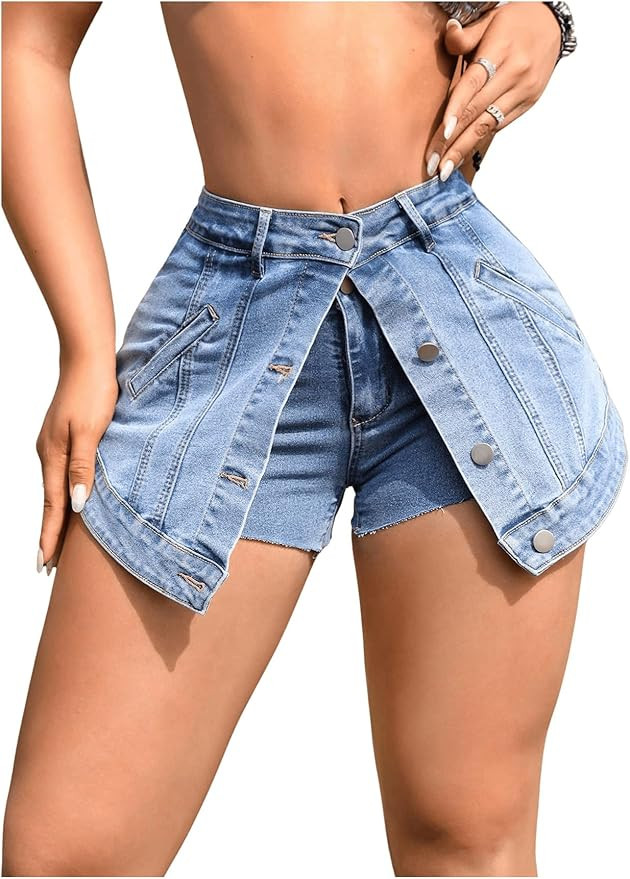 Women's Button Down High Waist Denim Skort Raw Asymmetrical Hem Slim Fit Shorts | Amazon (US)