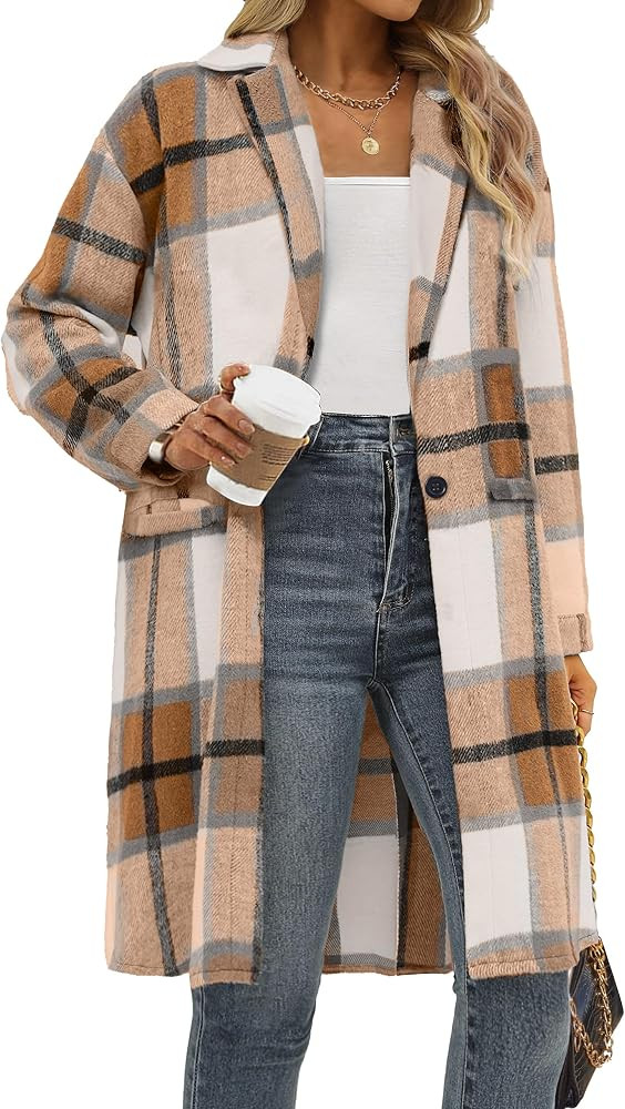 IN'VOLAND Women's Plus Size Flannel Plaid Shacket Coat Lapel Button Wool Blend Winter Tartan Tren... | Amazon (US)