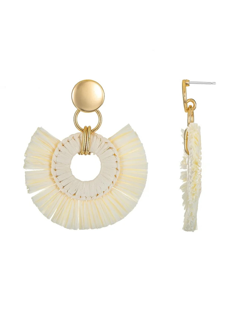 Time and Tru Woven Raffia and Goldtone Earring, Ivory, 1 Pair | Walmart (US)