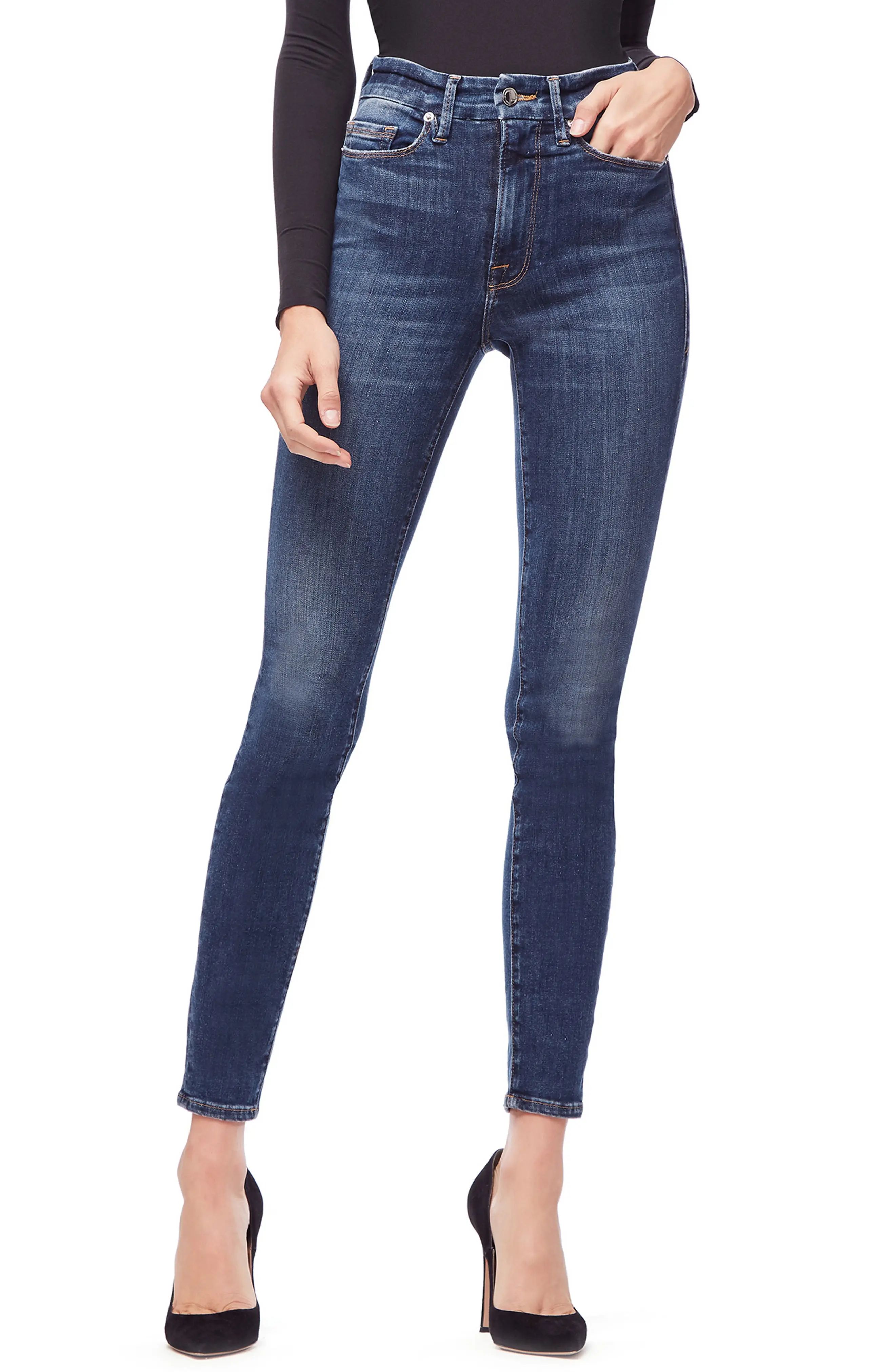 Good American Good Waist Ripped High Waist Skinny Jeans (Blue 195) (Regular & Plus Size) | Nordstrom