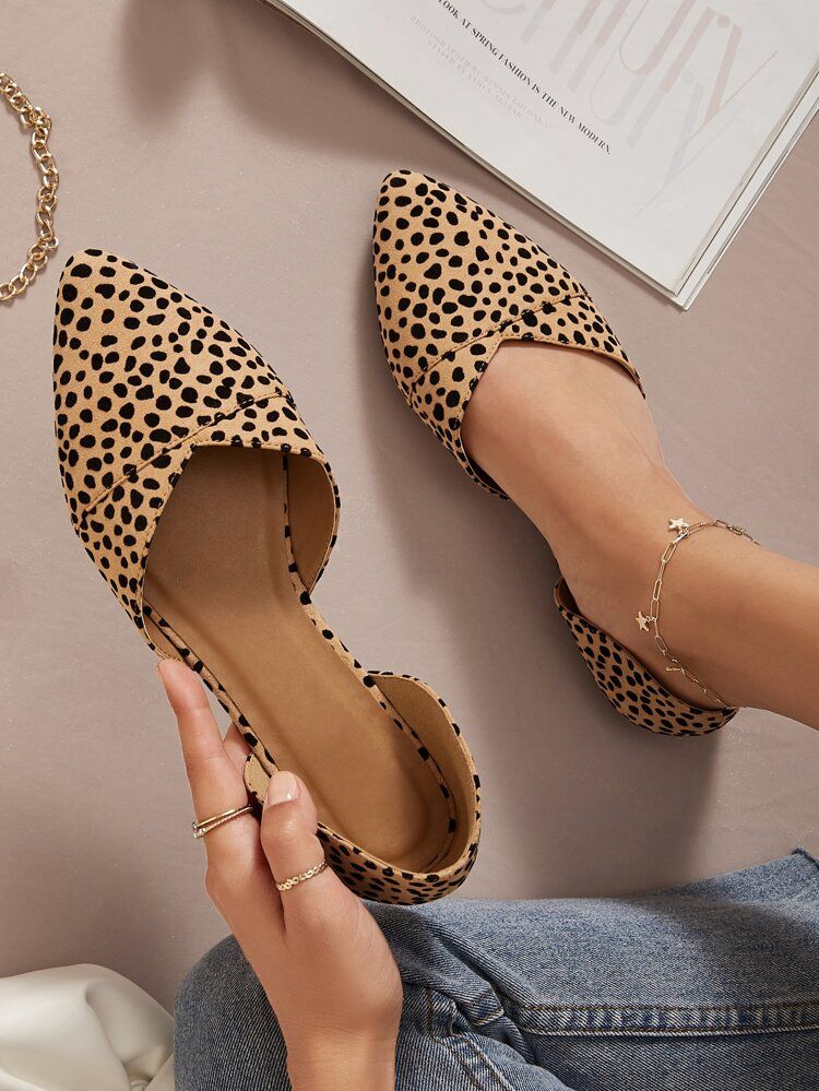 Leopard Faux Suede Pointed Toe Flats | SHEIN