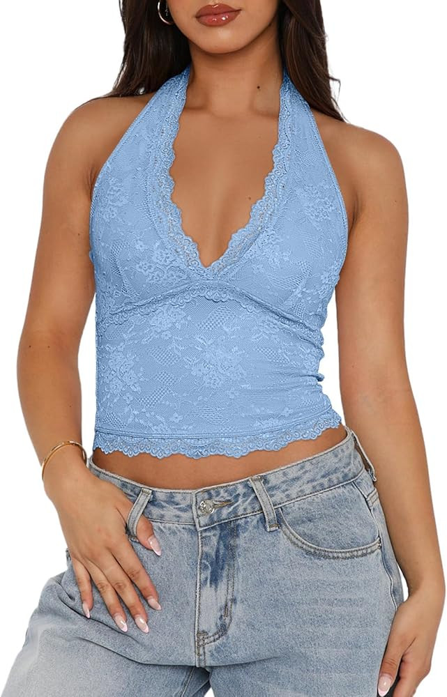 Women Sexy Cropped Halterneck Lace Top Sleeveless Backless V-Neck Lace Trim Crop Top Slim Fit Sum... | Amazon (US)