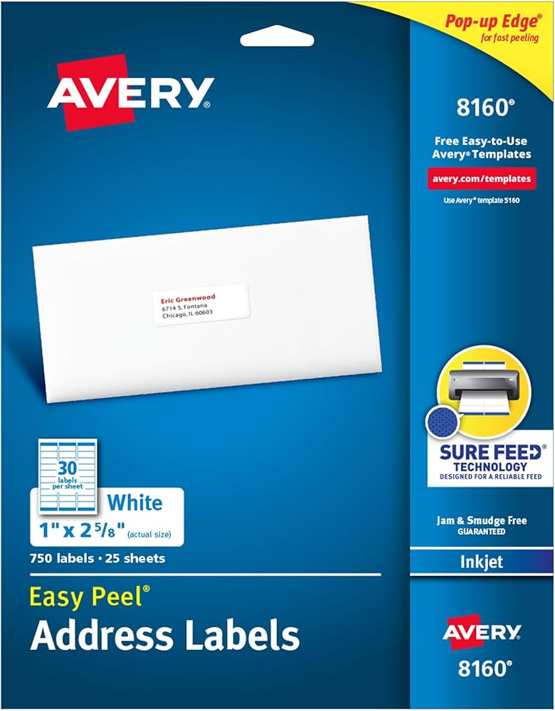 Avery Easy Peel Printable Address Labels with Sure Feed, 1" x 2-5/8", White, 750 Blank Mailing La... | Amazon (US)