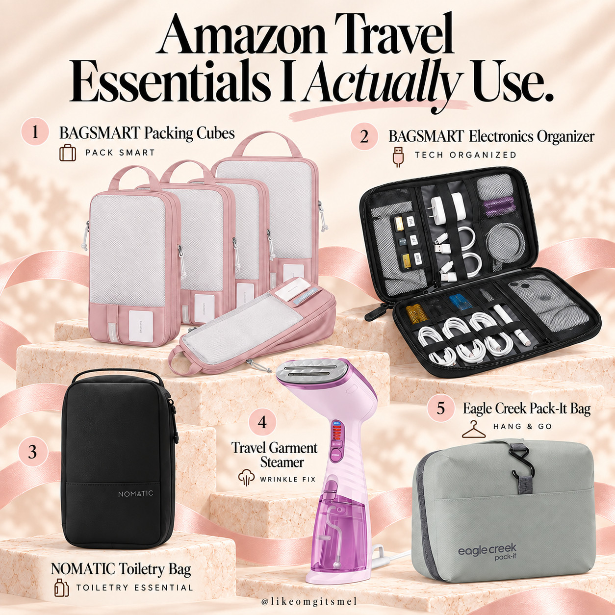 Travel days are SO much easier when everything actually has a place. ✈️🧳 

These are the Amazon travel essentials I’d pack again and again—the little organization + getting-ready upgrades that make living out of a suitcase feel way less chaotic.

My Travel Essentials:
- 🧳 @Bagsmart Packing Cubes — keeps outfits organized and makes packing + unpacking so much easier
- 🔌 BAGSMART Electronics Organizer — one spot for chargers, cords, adapters + tech accessories
- 🖤 NOMATIC Toiletry Bag — streamlined storage for skincare, beauty + bathroom essentials
- 👗 Travel Garment Steamer — an easy suitcase staple for smoothing wrinkles once you arrive
- 👚 Eagle Creek Pack-It Garment Bag — keeps nicer outfits organized and ready to hang

Such a practical lineup for weekend getaways, flights, road trips, work travel + longer vacations—especially if you love keeping your suitcase organized instead of digging through everything to find one tiny charger. 😂

📌 Save this for Amazon travel finds, packing essentials + vacation must-haves!

Everything is Linked! ↓

#LTKActive #LTKSaleAlert #LTKTravel
