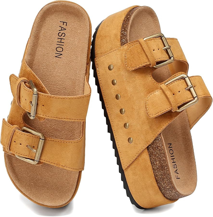 YorFotMae Women's Platform Sandals Cork Footbed with Double Buckles\uff0c Summer Chunky Wedge San... | Amazon (US)