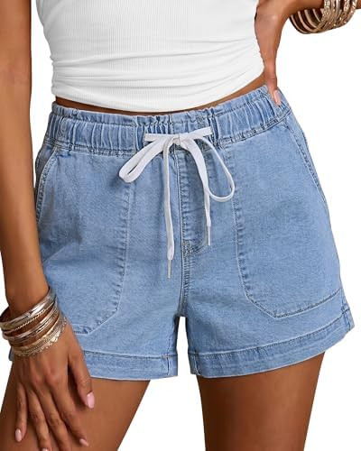 luvamia Jean Shorts for Women High Waisted Pull On Drawstring Elastic Waist Trendy Stretchy Denim... | Amazon (US)