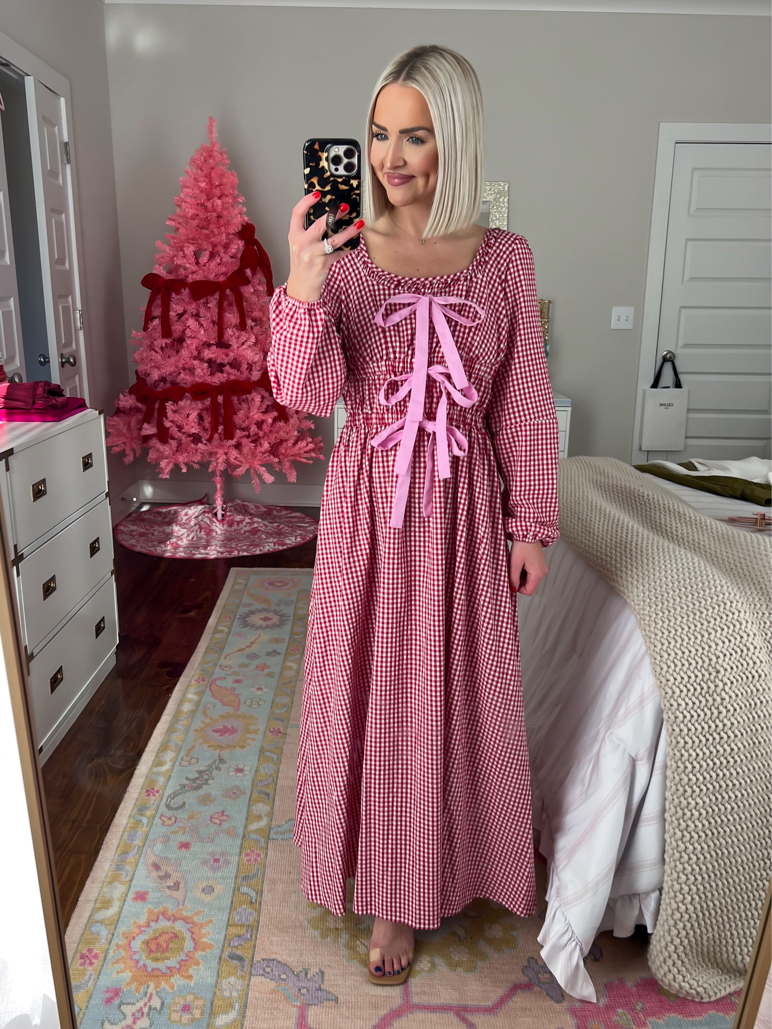 Red gingham print midi dress with pink bows / pink bows midi dress / damson madder inspired dress / Amazon dress / Amazon gingham midi dress 
Size: SM 

#LTKHoliday #LTKFindsUnder50