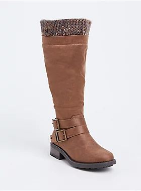 Brown Brushed Faux Leather Sweater Trimmed Tall Boot (Wide Width & Wide to Extra Wide Calf) | Torrid LEGACY