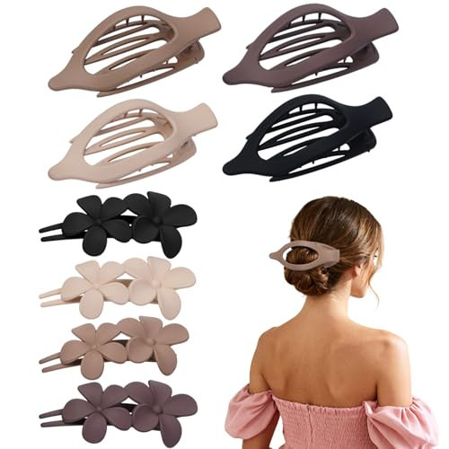 8 Pack Flat Hair Clips for Women – Matte Neutral Claw Clips & Flower Hair Pins Barrettes Set in Black, Blonde,Light Brown & Dark Brown for Thick & Thin Hair | Amazon (US)