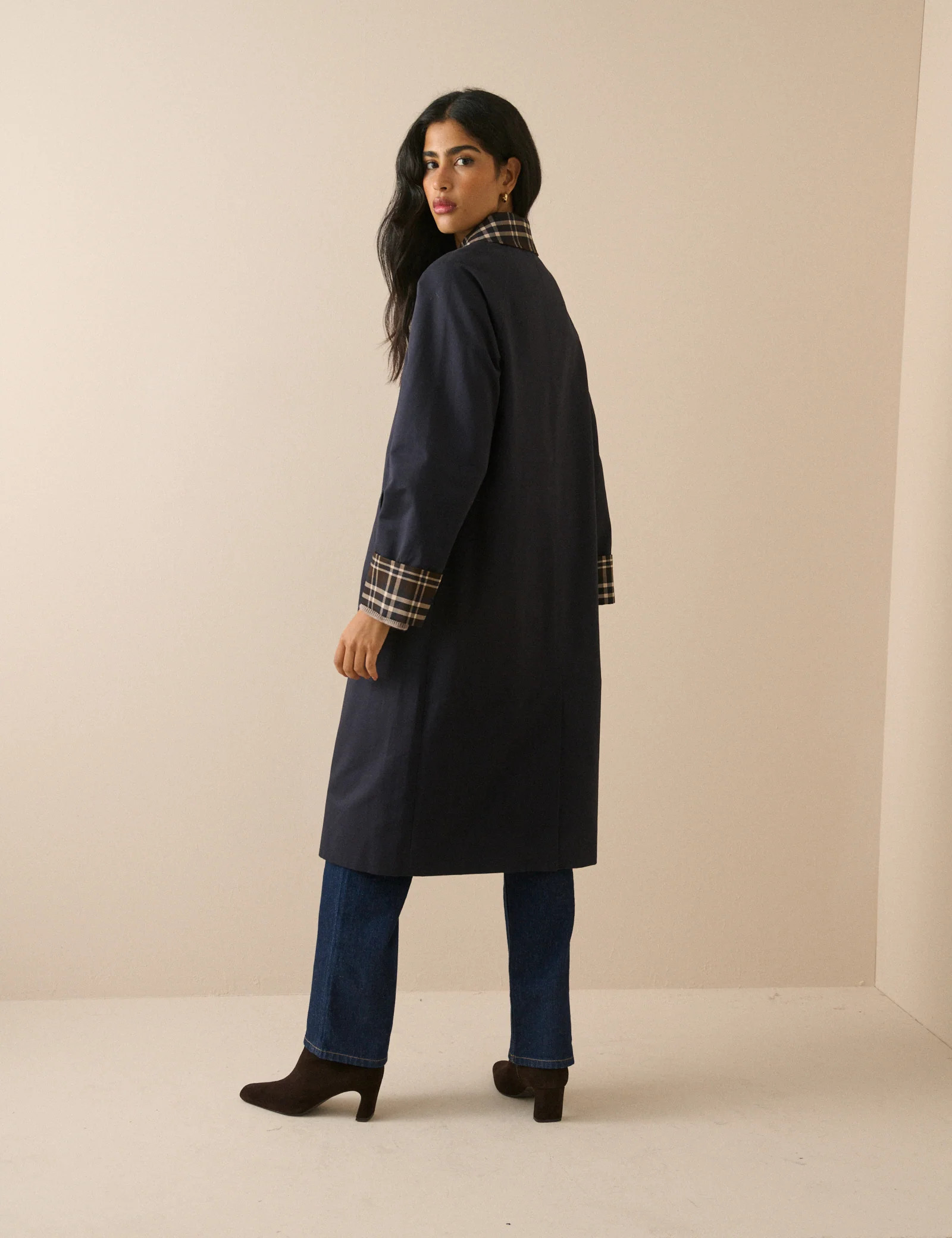 Navy Collared Tartan Trim Car Coat | Nobody's Child