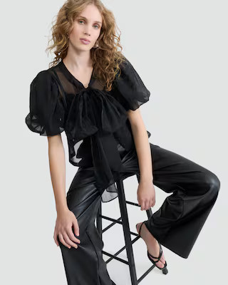 The F&F Edit Organza Puff Sleeved Bow Accent Blouse in Black | Tesco F&F
