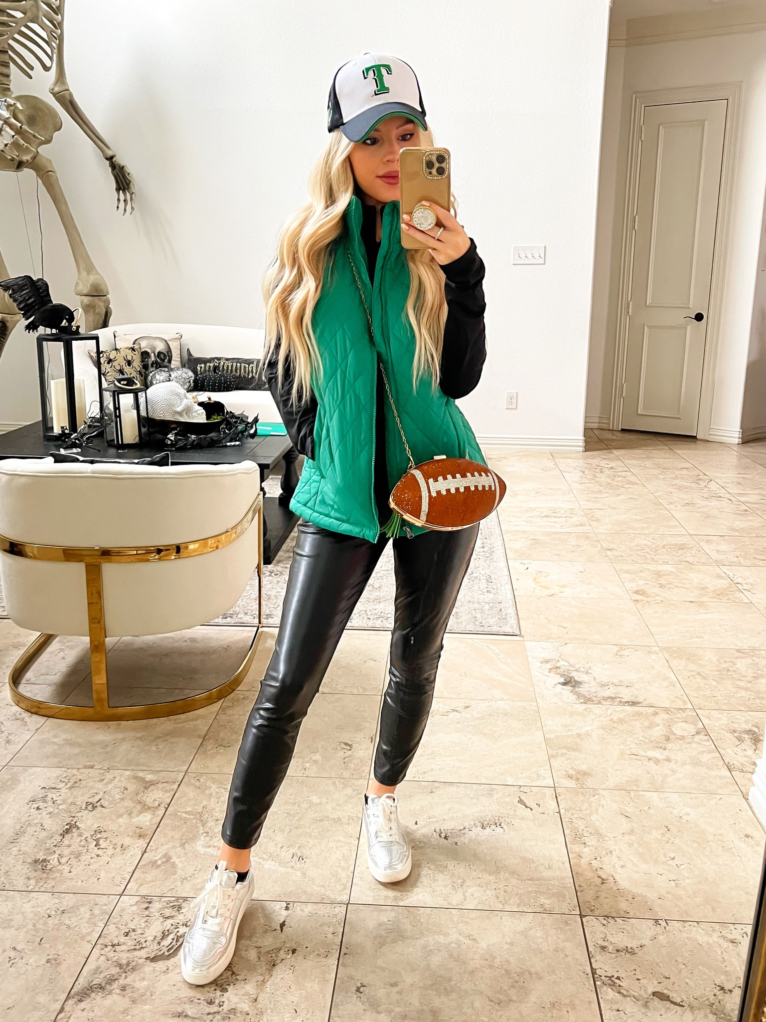 Game day outfit. Football game day. Football purse. Leather pants. Vest  

#LTKSeasonal #LTKU #LTKsalealert