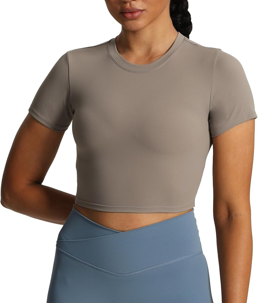 Aoxjox Short Sleeve Crop Tops for Women Classic Longline Workout Crop T Shirt Top | Amazon (US)