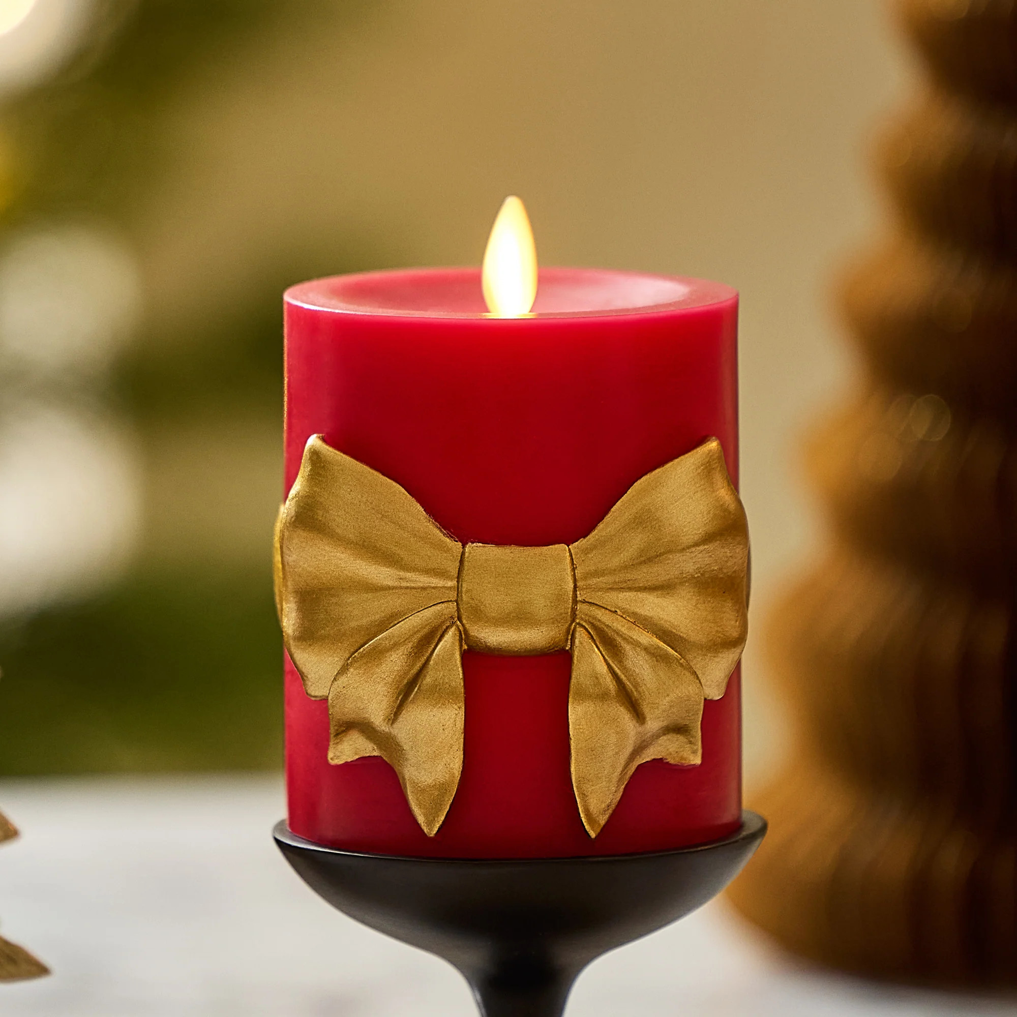 Holiday Red with Gold Bow Flameless Candle Pillar | Luminara
