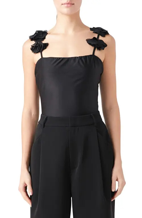 Endless Rose Rosette Shoulder Fitted Top in Black at Nordstrom, Size Large | Nordstrom
