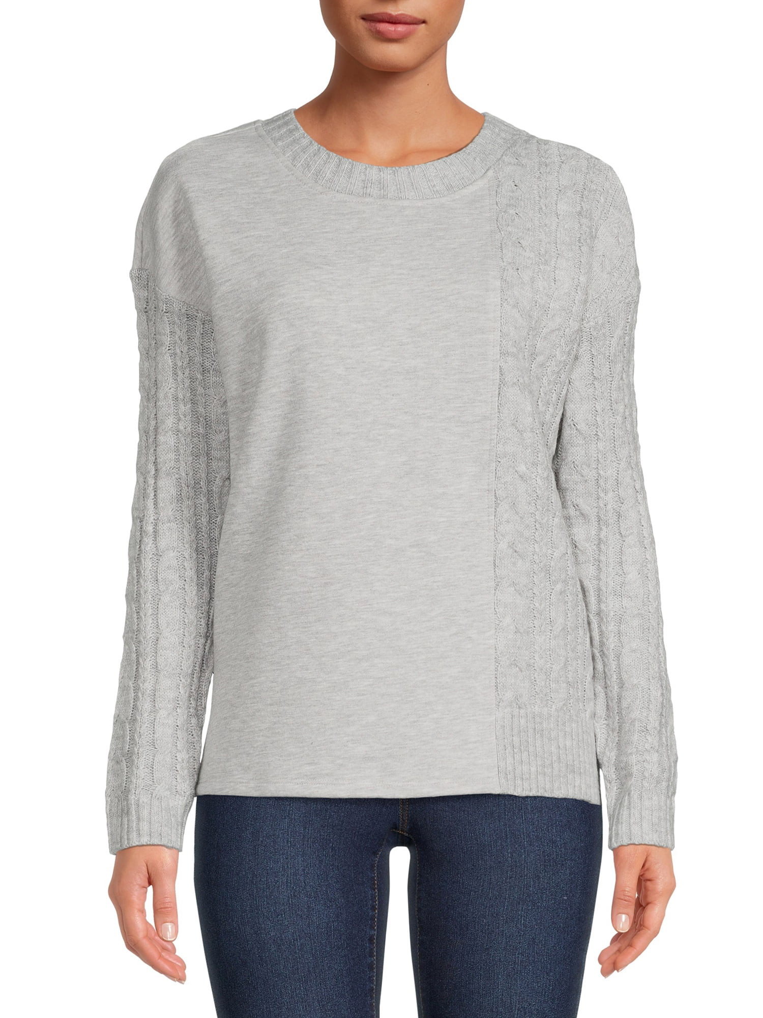 Time and Tru Women's Mixed Media Crewneck Top - Walmart.com | Walmart (US)