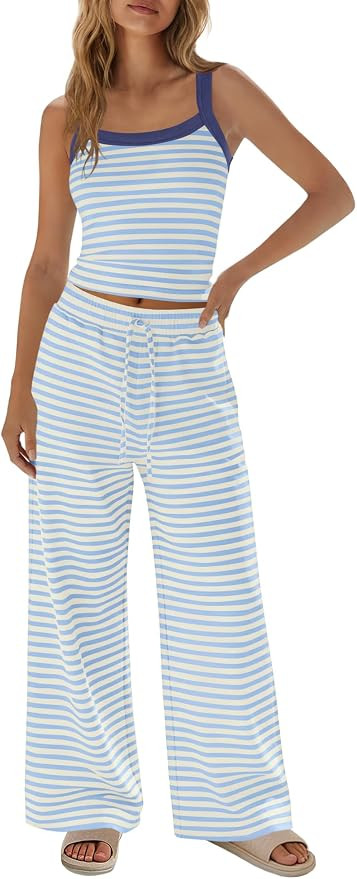 LAMISSCHE Womens Striped Lounge Set Spaghetti Strap Tank Top And Pants Sets | Amazon (US)